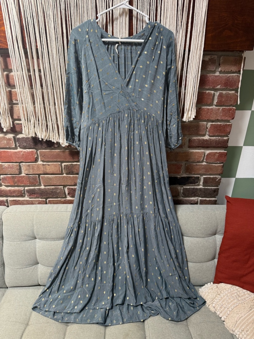 Anthropologie Slate Blue Maxi Dress with Gold Dot Print